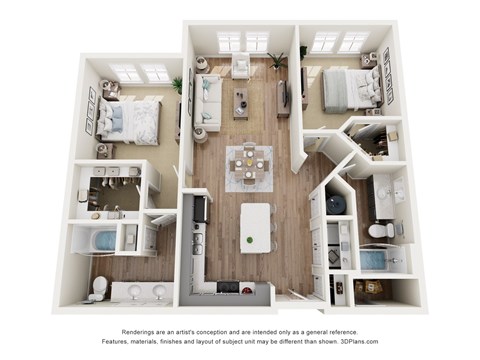 A 3D floor plan of a house with a kitchen, living room, and two bedrooms.